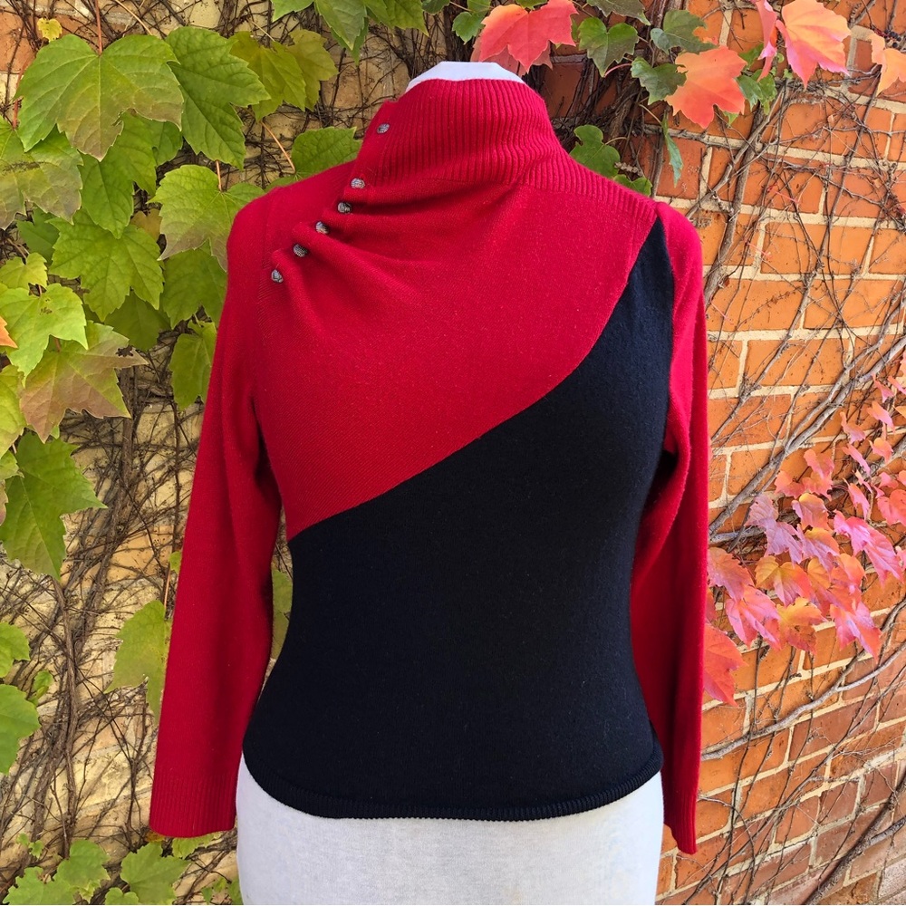 Upcycled Ruched Fall Sweater Red Black Button Collar Top Embody